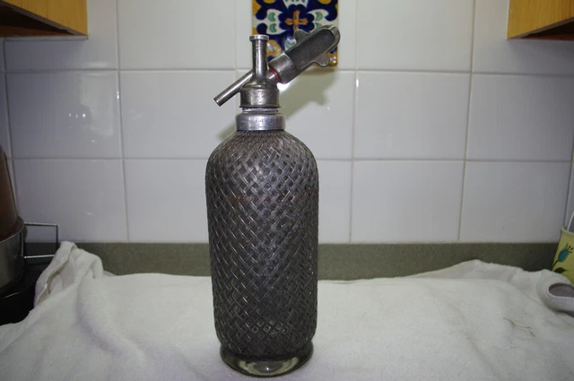 Antique FRENCH ADMETTRE LE GAZ LENTEMENT  Glass Metal Mesh Wrapped SELTZER