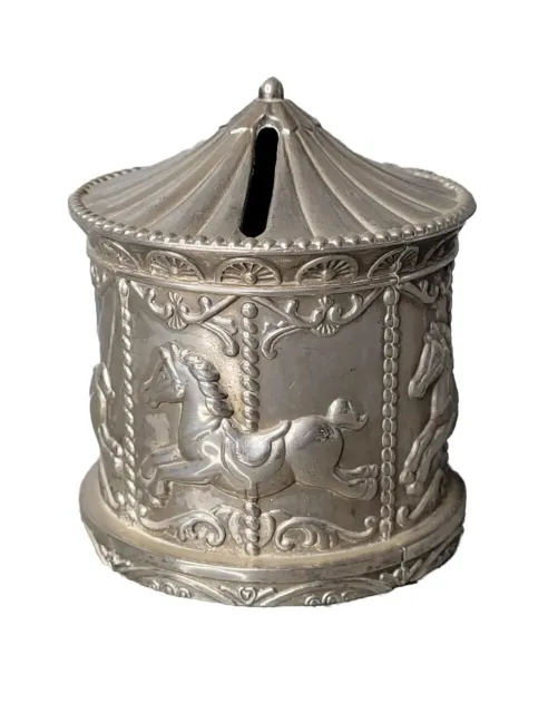 Vintage Piggy Bank Carousel Merry Go Round Horses Silver Plated Cast Metal
