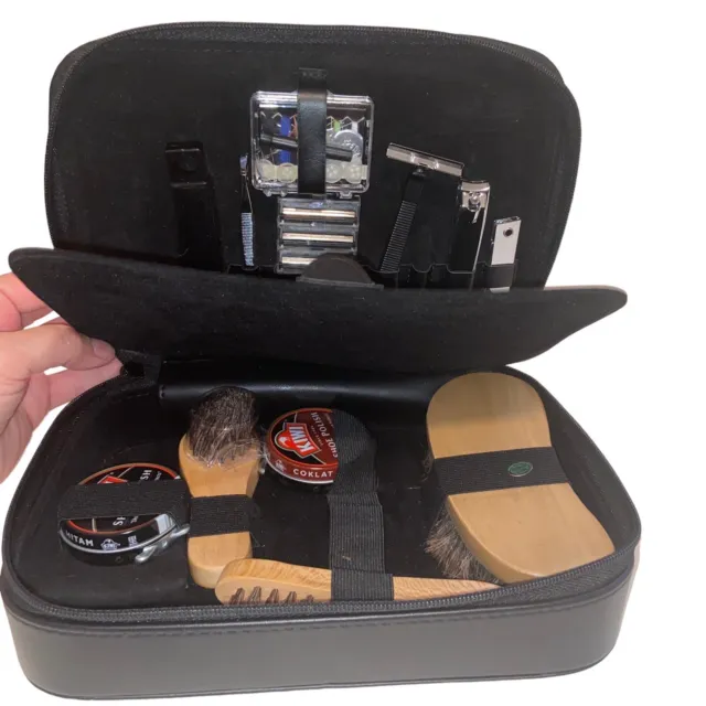 Vintage Kiwi Shoe Shine Travel Kit Case Brushes Polish Cans Grooming Razor