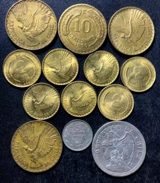 Old Chile Coin Lot - 1933-1970 - 13 VINTAGE Condor Coins - Lot #M27