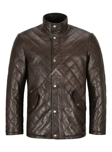 Men's Quilted Leather Jacket Brown Classic Real Lambskin 70's Fashion Jacket UK