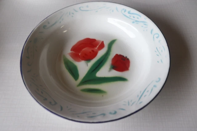 BELLE ANCIENNE ASSIETTE EN TÔLE ÉMAILLÉE - DÉCOR FLEUR - ASSIETTE CREUSE 22 cm