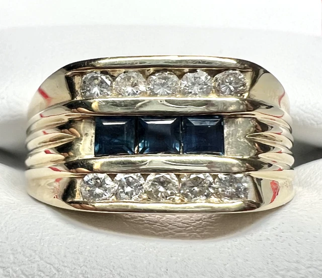 Men's Solid 10k Yellow Gold Round Brilliant Diamond & Sapphire Ring Men's Solid 10k Yellow Gold Round Brilliant Diamond & Sapphire Ring