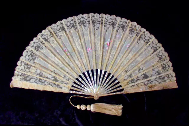 Large Antique Hand Fan Mother of Pearl Silk Gauze 13.85" eventail nacre