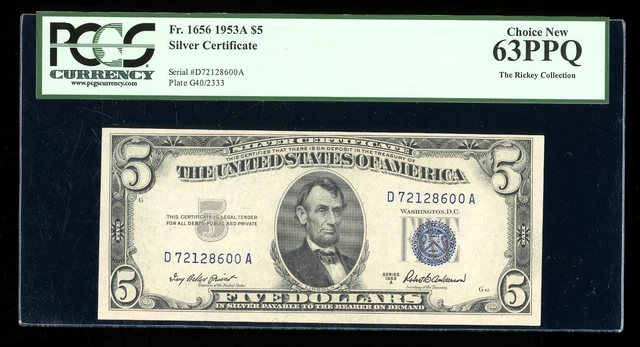 DBR 1953-A $5 Silver Fr. 1656 DA Block PCGS 63 PPQ Serial D72128600A