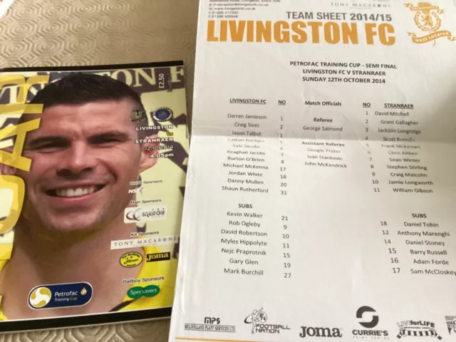 2014/15 Livingston v Stranraer Petrofac  Cup Semi Final and team sheet