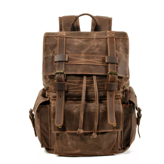 Mens Waterproof Oil wax Canvas Backpack Satchel Rucksack School Travel Bag