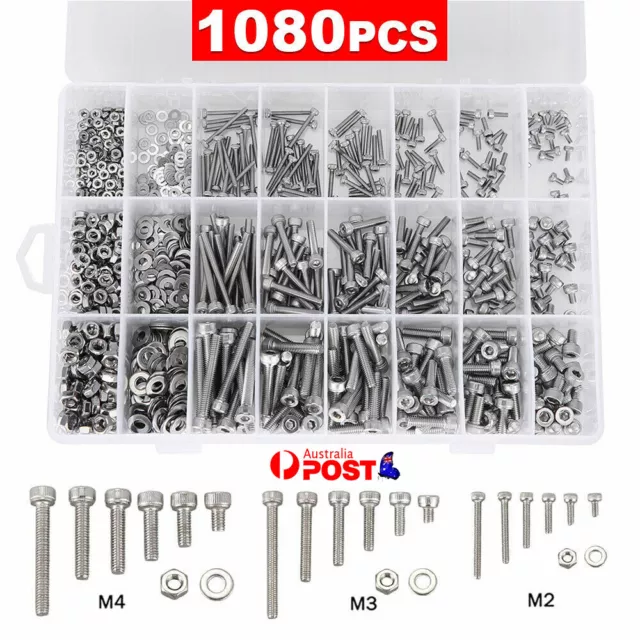 1080pcs M2/M3/M4/M5 Stainless Steel Bolts Nuts Screws Hex Head Assorted Kit Set