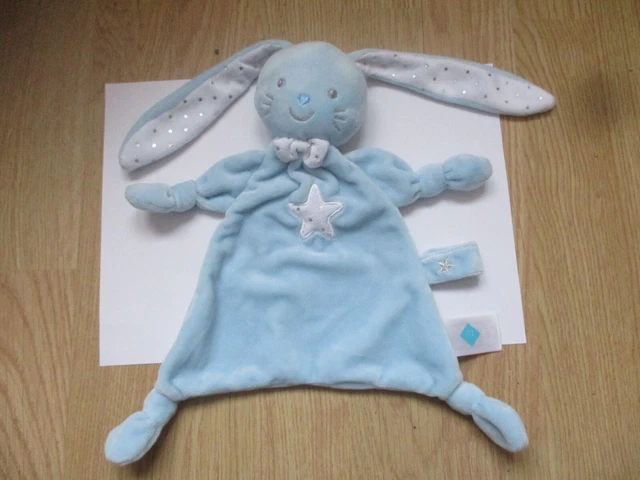 Doudou plat triangle  lapin tex baby bleu blanc étoile argent