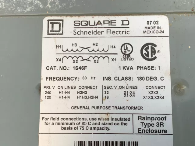 Transformateur Schneider/Square D 1S46F 120/240 Pri, 16/32V sec, 1KVA, 1 phase 2