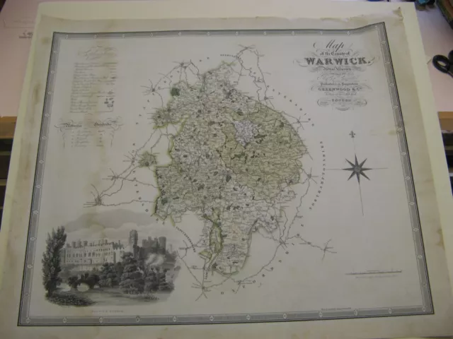 100% Original Large Warwickshire Map By Greenwood C1830 Warwick Stratford