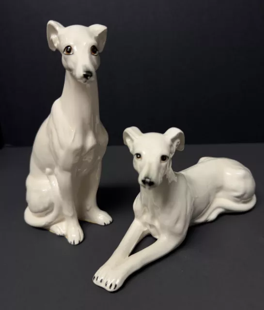 Vintage Porcelain Greyhound Dogs Figurine Set of 2 Hand Painted TILSO Japan EUC