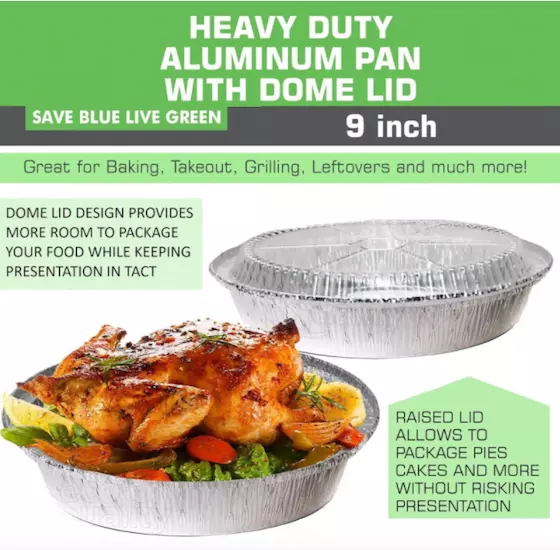 200 Pack Disposable Round Aluminum Foil Take-Out Pans with Plastic Lids 9 Inch.