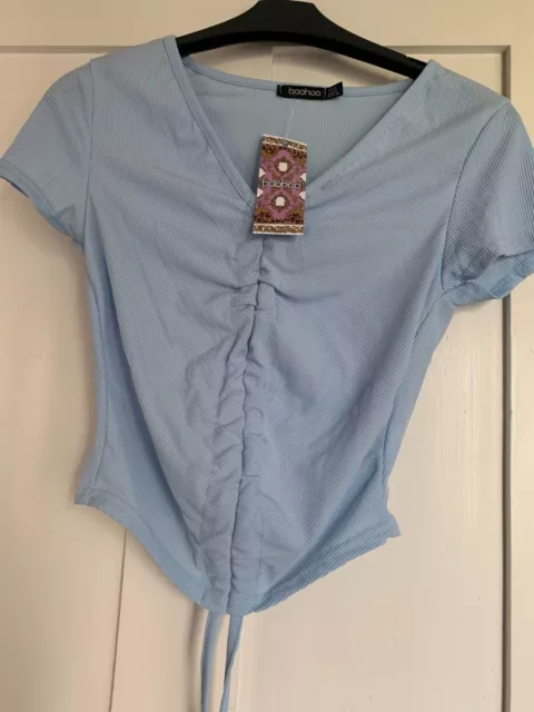 Boohoo Blue Ruched Front Short Sleeve Crop Top Womens Size 10 PETITE