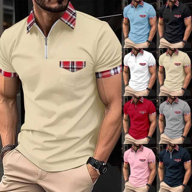 Tshirt Basic Herren Kurzarm Hemd T-Shirt Polohemd Kontrast Kragen Tops Slim Fit