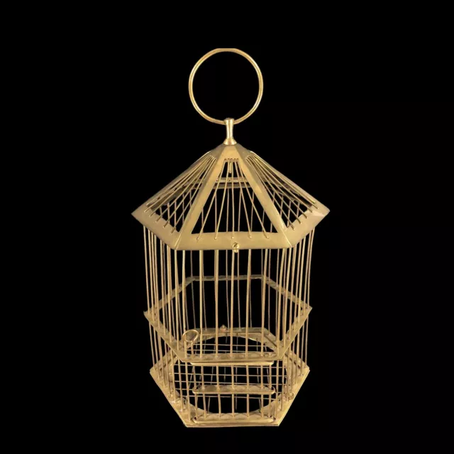 VTG India Brass Hexagonal Bird House Cage w/Ring 15-in High
