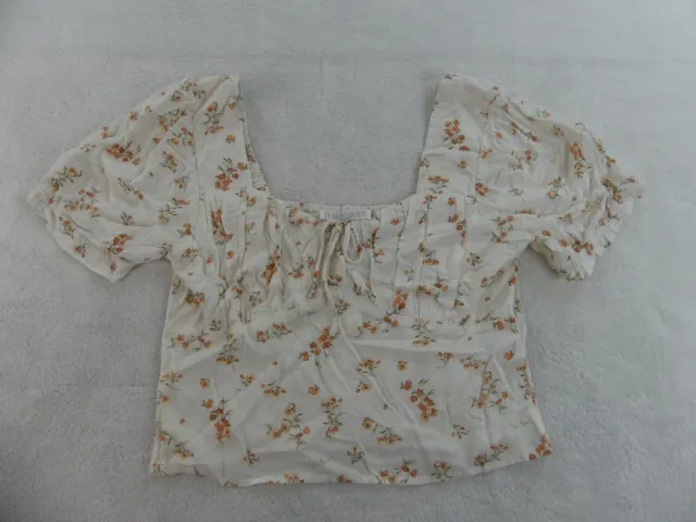 Planet Gold Shirt Womens Large Juniors White Floral Smocked Puff Sleeve Rayon *