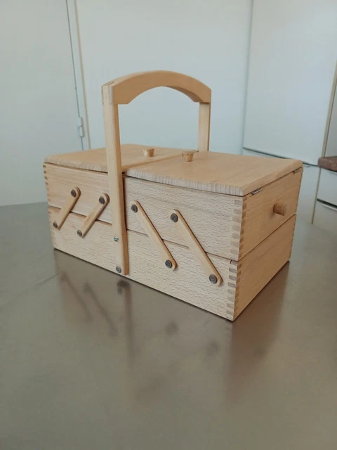 Boîte à Couture En Bois Vintage - 21x13 Cm - Avec Compartiments Et Fermeture - Rangement Aiguilles, Fils Et Petits Objets - 2