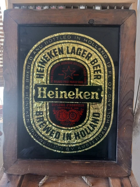 Heineken Beer Advertising Wood Framed Glass Mirror Style Sign Holland 15x19