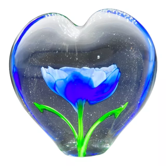 SDS Seapoot Group Vintage Heart Hand Blown Art Glass Paperweight Blue Flower