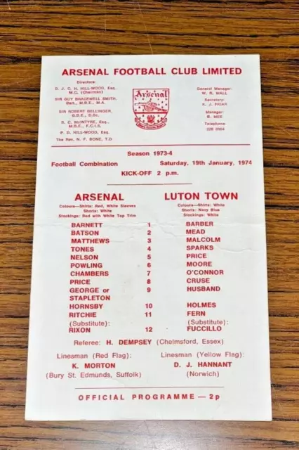 Arsenal vs Luton Town Football Combination Official Programme 19/1/1974