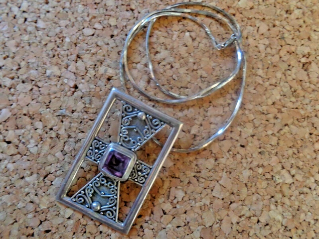 Vintage Sterling Silver Amethyst  Maltese Cross Pendant Necklace 16" Snake Chain