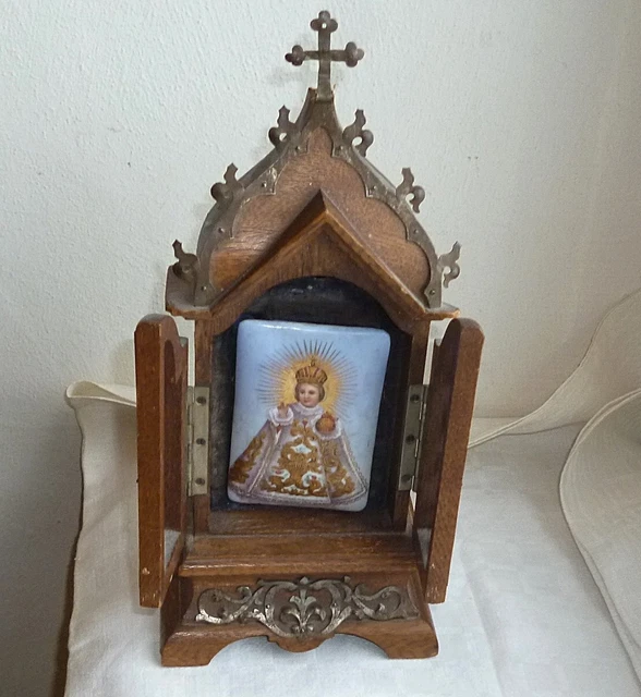 Kleiner Hausaltar Holz/Metallblech  Porzellan Miniaturmalerei Prager Jesuskind