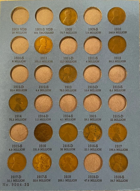 Lincoln Wheat Cent Penny Album with 74 Coins dated from 1909-1958