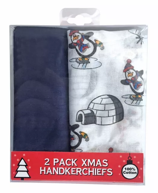 2 Pack Mens Novelty 100% Cotton Soft Christmas Handkerchiefs Hankies for Xmas 3