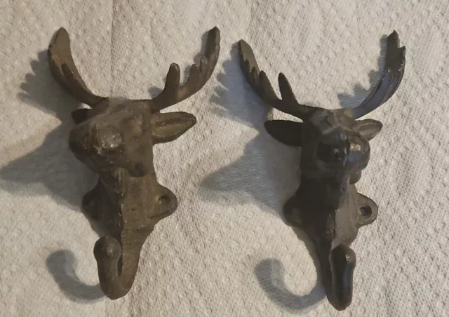 Pair Rustic Style Cast Iron Wall Hook Moose Man Cave Cabin Hunting Lodge Decor