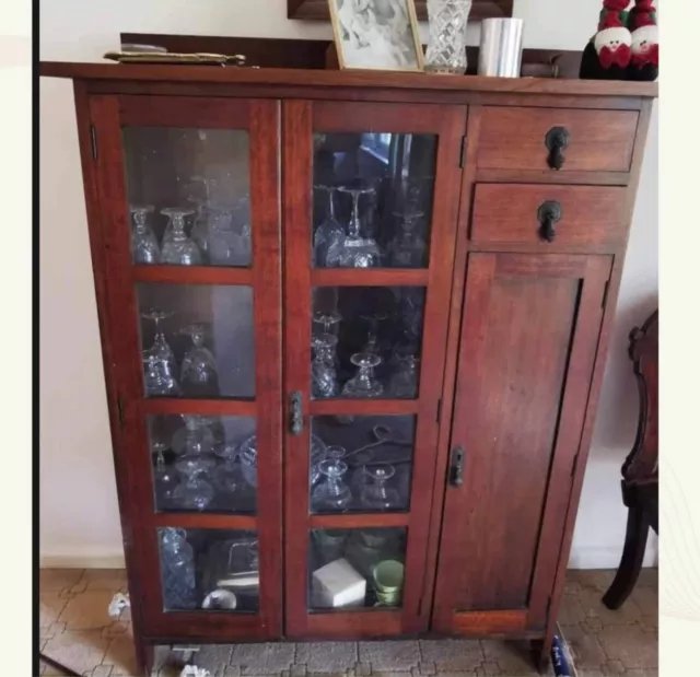 Vintage Rustic Timber Glass Door Tall Display Cabinet - Pick Up From Emu Plains