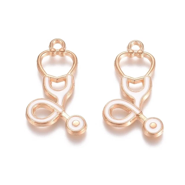 3 Stück Emaille Anhänger 28x15mm Stethoskop Gold Weiß Schmuck Charms - K-1199