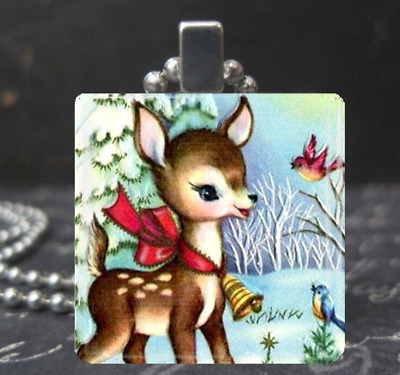 Kitsch Vintage Baby Deer Figurine Art Necklace Retro Style Holiday Pendant Glass