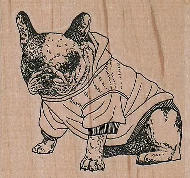 BullDog In Hooded Jacket Rubber Stamp 2 3/4" x 2 1/2", Dog Stamp, Cute Dog