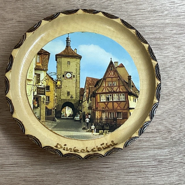 Vintage German 4  3/4” Wooden Souvenir Plate Plaque Hand-Carved Wood