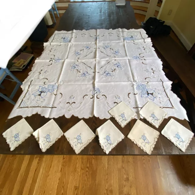 Vintage Tablecloth & 8 Napkins Square Ivory and Blue Brown Embroidery Flowers