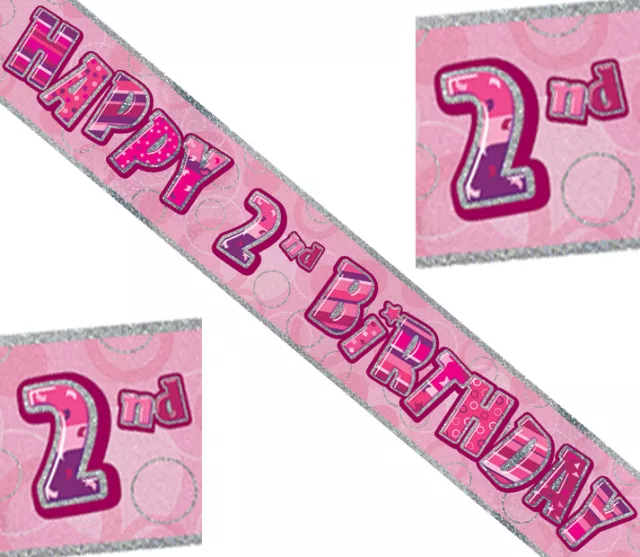 2. Geburtstag 2 Stück Folien Banner Pink Glitzer mit  HAPPY BIRTHDAY 360 cm