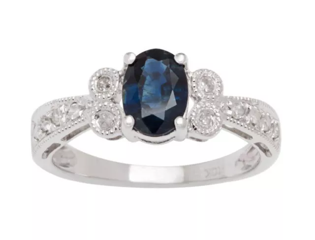 10k White Gold Vintage Style Oval Sapphire and Diamond Ring (G-H, I1-I2)