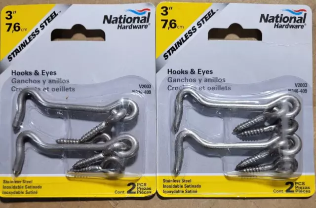4 New National Hardware 3" Stainless Steel Hook & Eye Latches  N348-409
