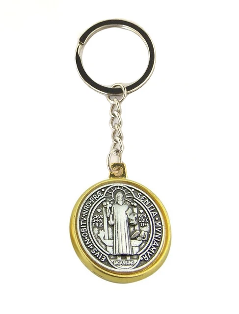 Saint St. Benedict Protection Pendant Gold Tone Keychain San Benito Medal Gift