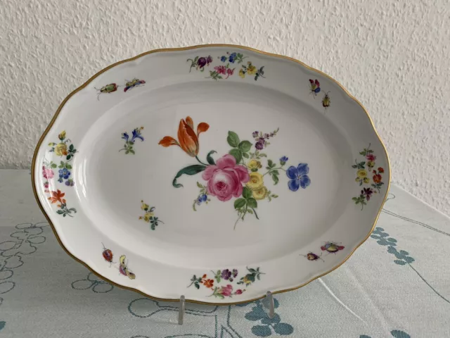 Schöne Meissen ovale Schale / Platte mit Blumen, Insekten-Malerei und Gold