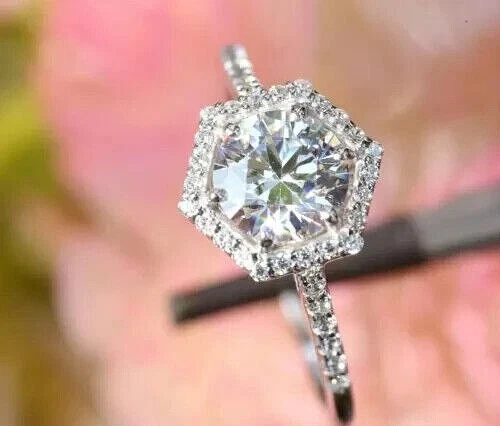 REAL Moissanite 2.30 Ct Round Cut Engagement Halo Ring 14K White Gold Plated