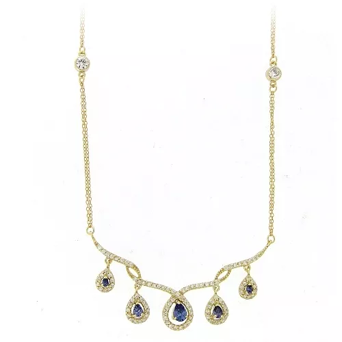 18K Gold over 925 Sterling Silver Tanzanite CZ Dangling Teardrops Necklace, 18"