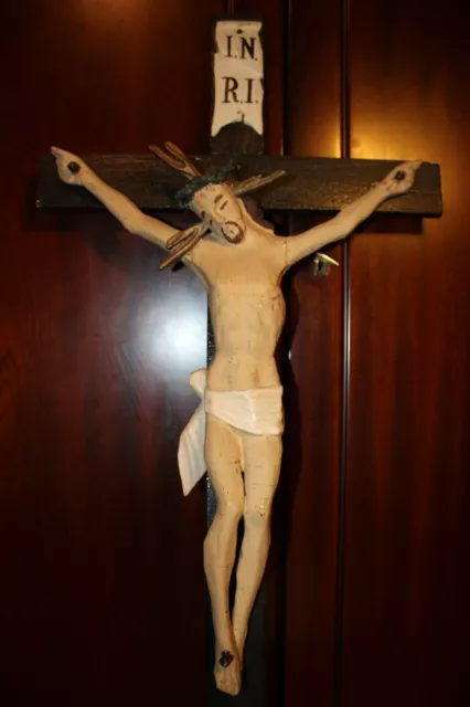 19Th 29.6" Wood Hand Carved Church Wall Crucifix Cross Jesus Statue Sculpture 2