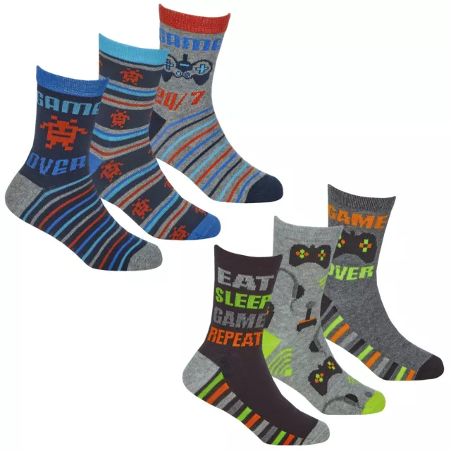 Childrens / Boys 6 Pairs Computer Video Game / Gaming Theme Cotton Rich Socks
