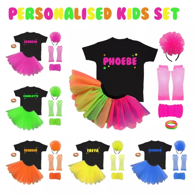 Kids 80s Fancy Dress Personalised Costume Neon Set Girls 4-12 Years Party UK