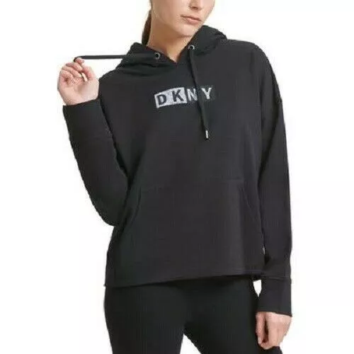Women's DKNY Sport Logo Hooded Cotton Sweatshirt Black Size XS MSRP $70