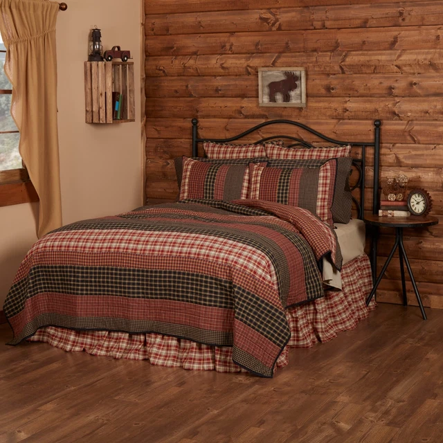 Red Rustic Bedding VHC Beckham Quilt Cotton Striped Rust/Khaki/Soft Black Queen