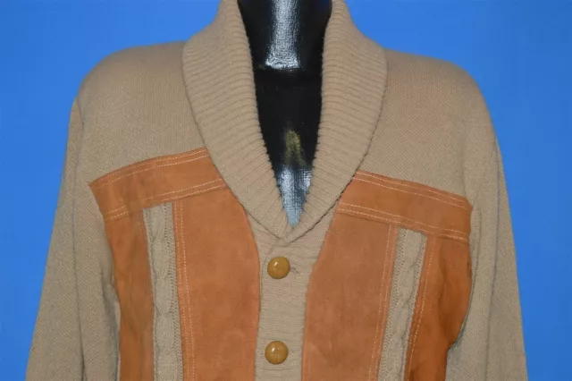 vintage 70s BROWN BUTTON FRONT SHAWL FAUX LEATHER CARDIGAN SWEATER