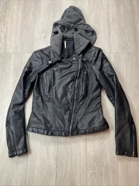 Free People Faux Leather Moto Jacket 4 Asymmetric Zip Collared Pockets Black